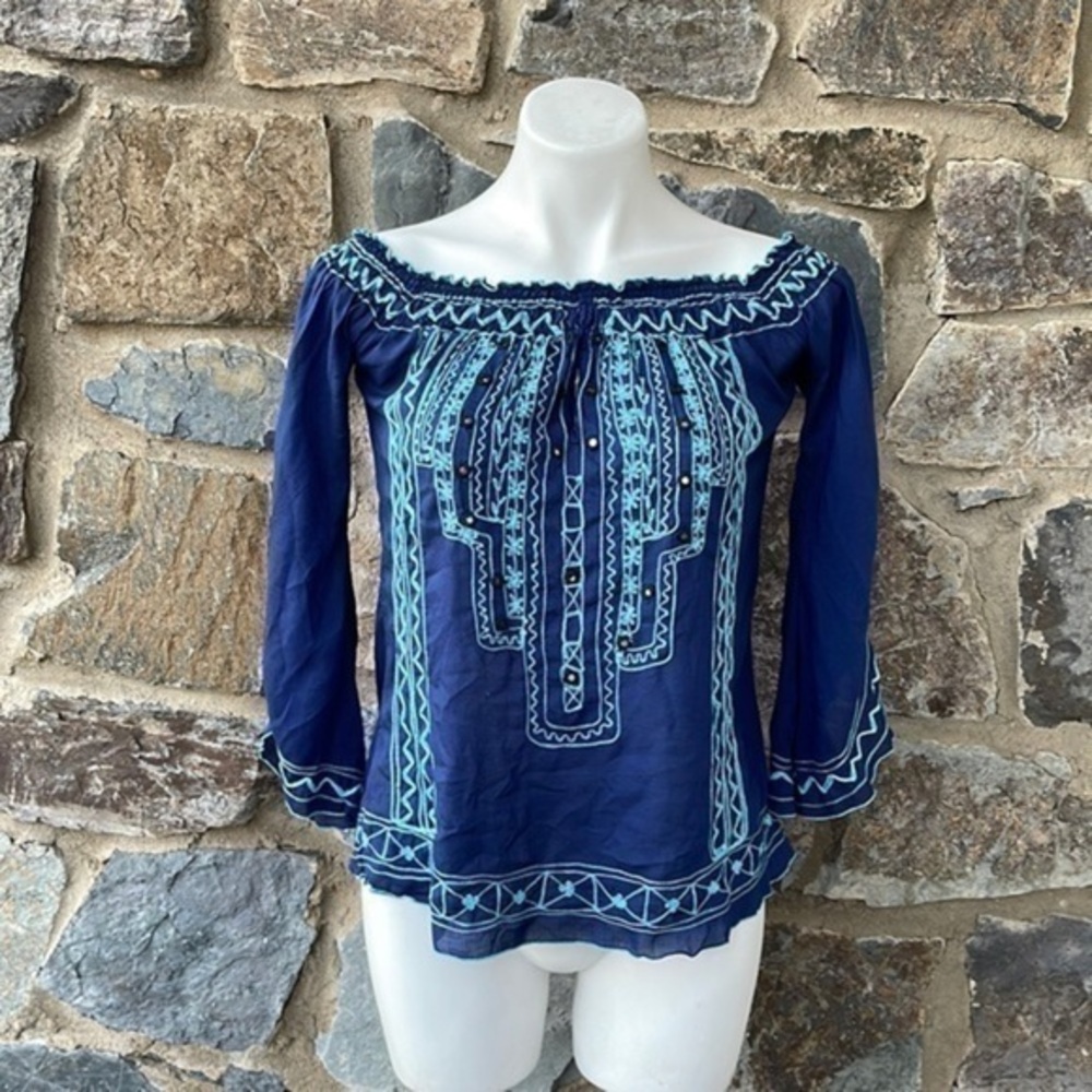 Poupette St Barth Embroidered Off The Shoulder Blouse in Blue/Aqua Size Small